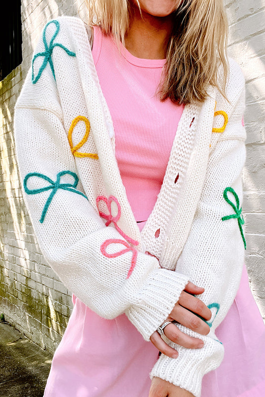 Bow Embroidered Button Front Cardigan