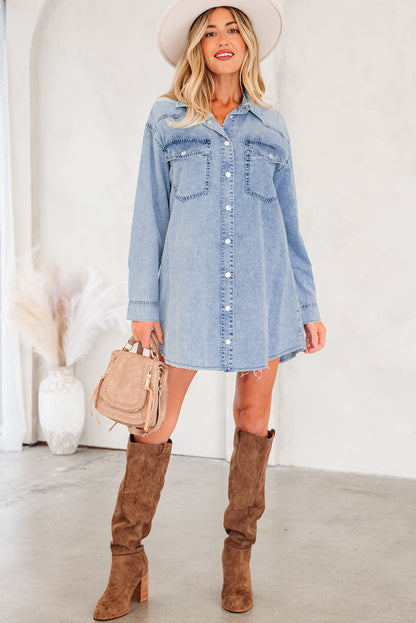 Solid Denim Chest Pocket Raw Hem Shirt Dress