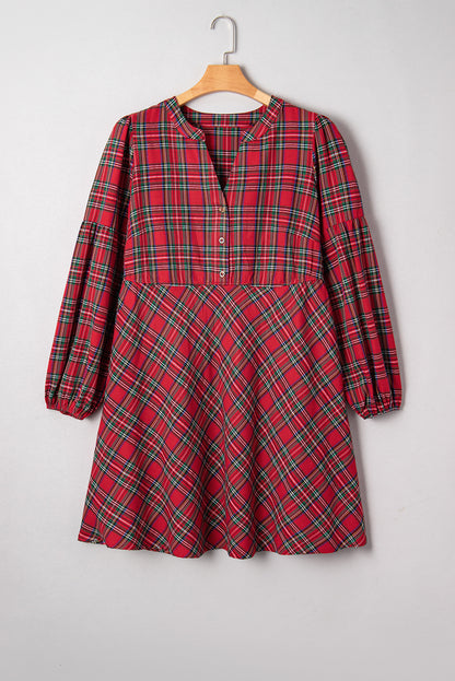 Plus Size Plaid Half Button Long Sleeve Dress