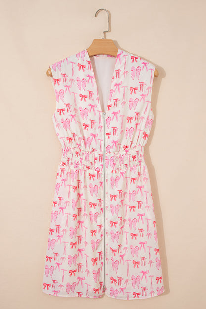 Bow Zip Up Cinched Waist Mini Dress