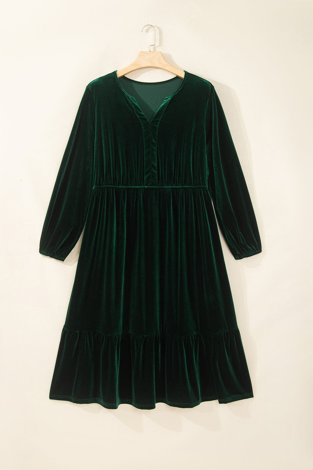 Plus Size Velvet V-Neck Long Sleeve Maxi Dress