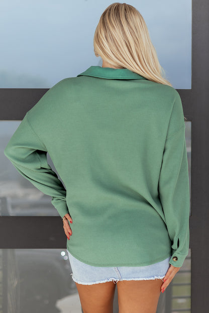 Waffle Knit Patchwork Button-Up Shirt