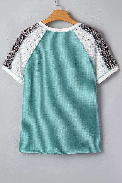 Leopard Colorblock Corded Knit Patchwork Tee