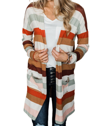 Stripe Pocketed Open Front Cardigan