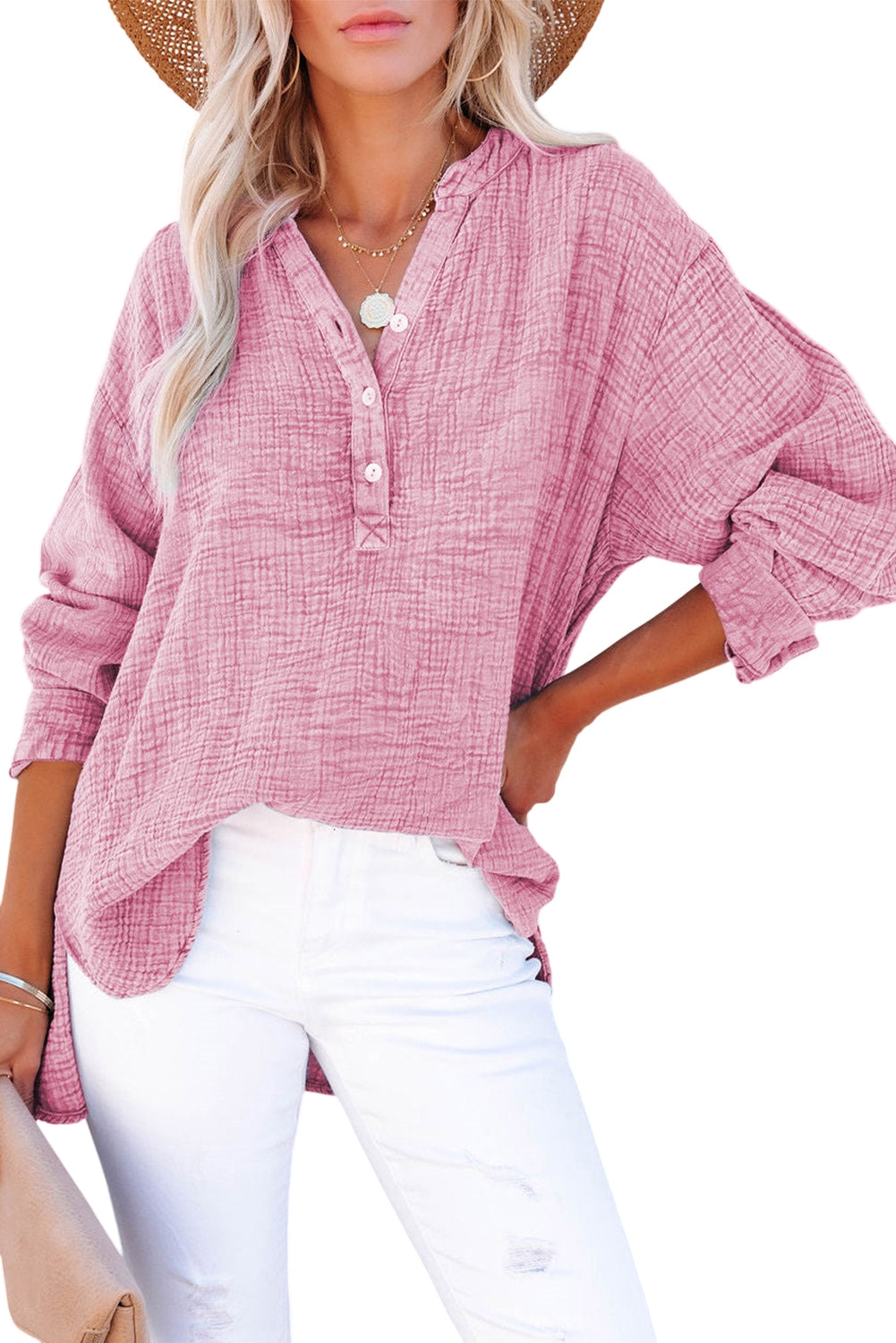 Gauze Long Sleeve Henley Top