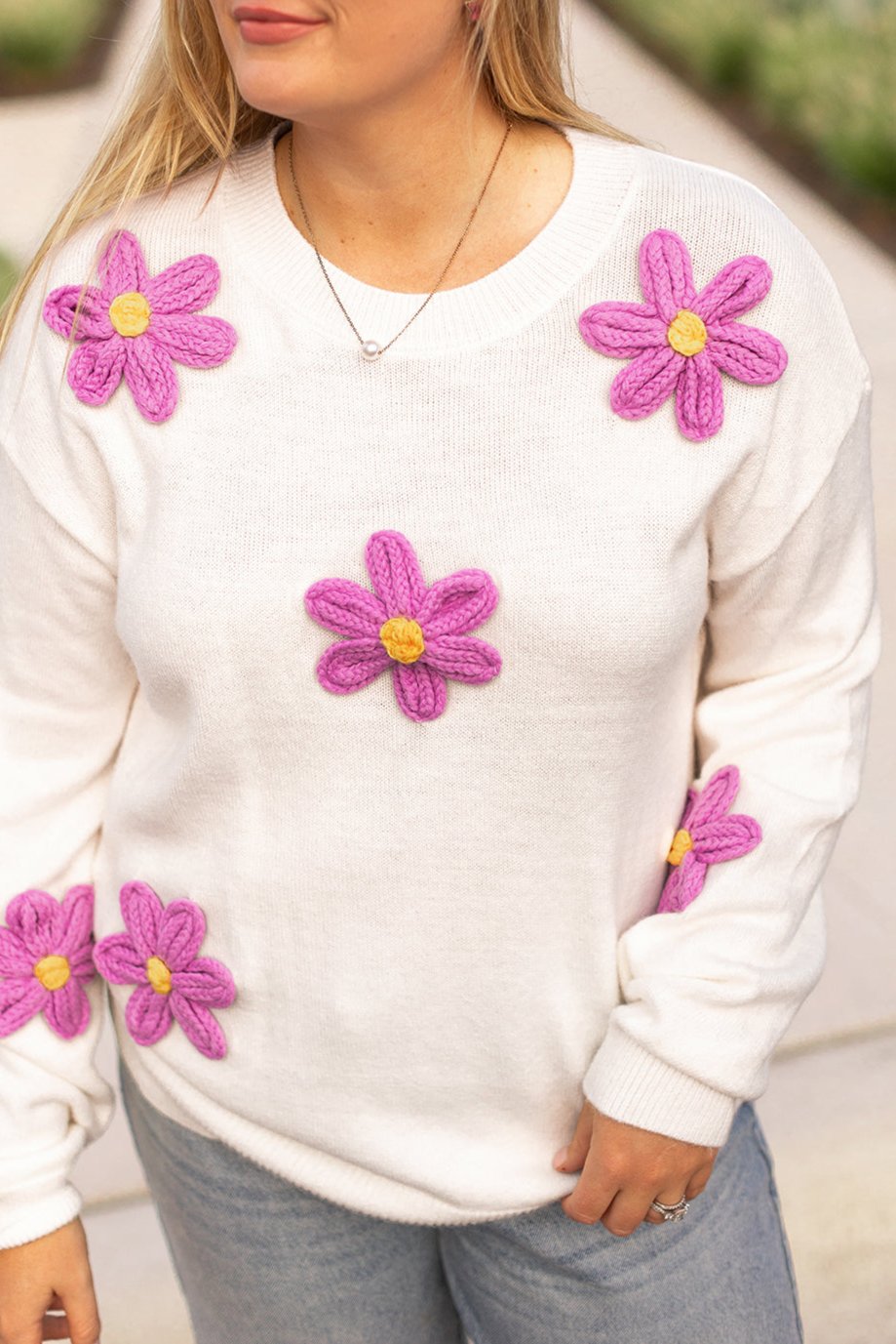 Plus Size Floral Crochet Drop Shoulder Sweater