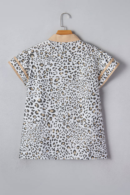 Leopard Colorblock Patchwork V-Neck Cap Sleeve Blouse