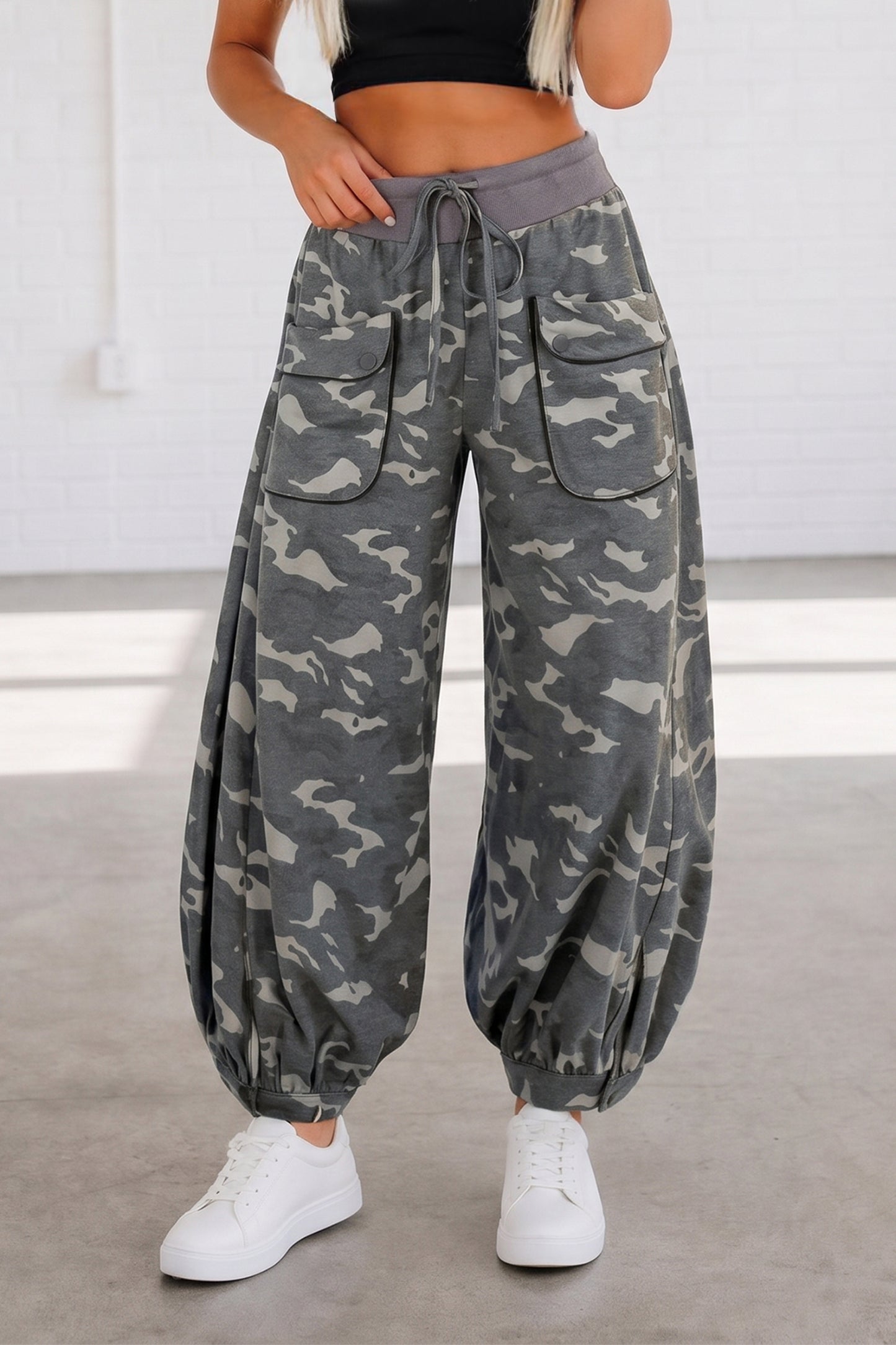 Camo Drawstring Contrast Waistband Barrel Cargo Pants