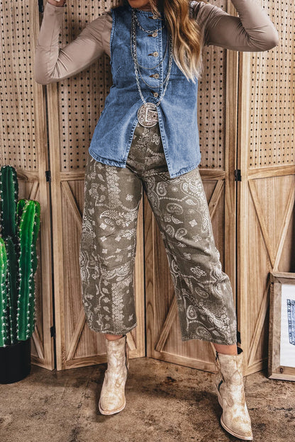 Western Denim Button Front Slit Sleeveless Vest