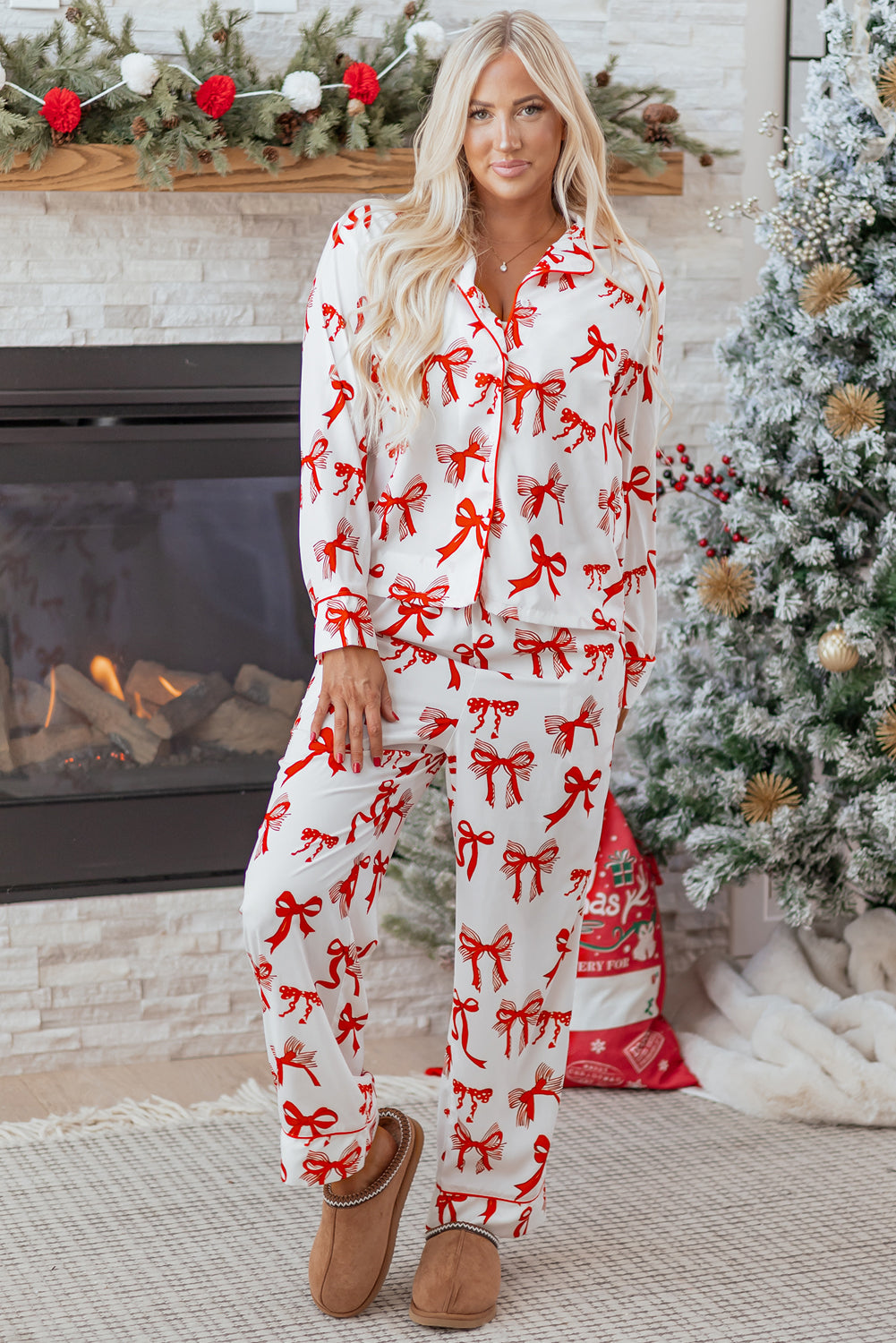 Christmas Bow Top and Pants Pajama Set