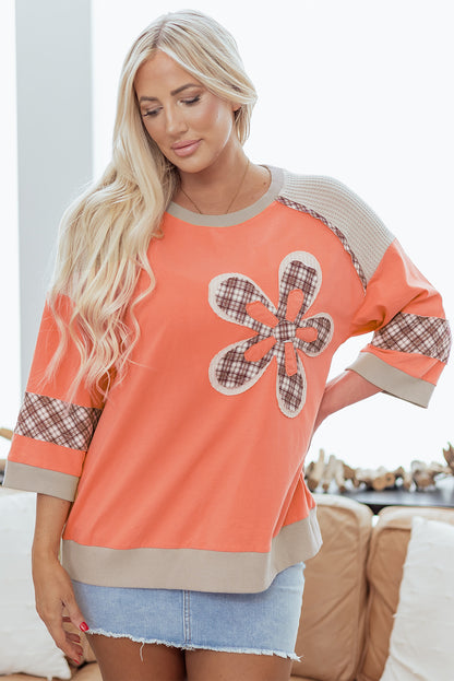 Plaid Flower Waffle Knit Patchwork 3/4 Sleeve Top