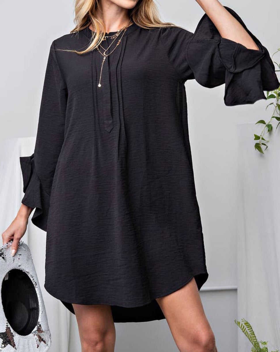 Pleated Ruffle 3/4 Sleeve Dress