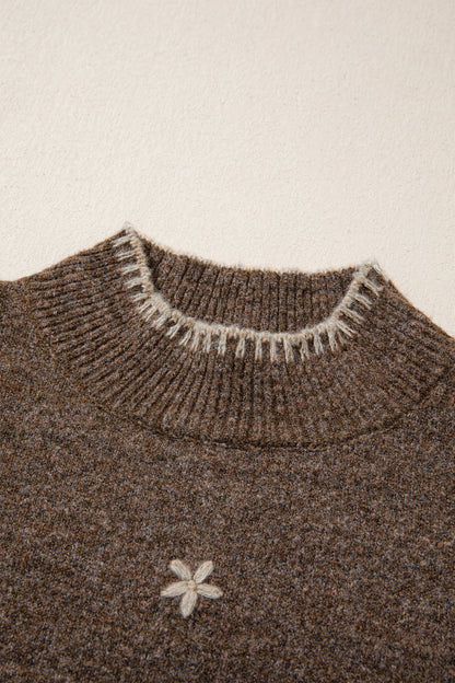 Floral Embroidered Mock Neck Long Sleeve Sweater
