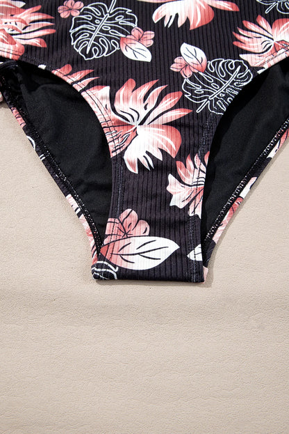 Tropical Colorblock Ribbed High Waist Bikini Swimsuit