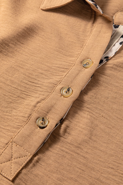 Black Contrast Leopard Print Patchwork Polo Collar Buttons Front Ruffled Long Sleeve Blouse