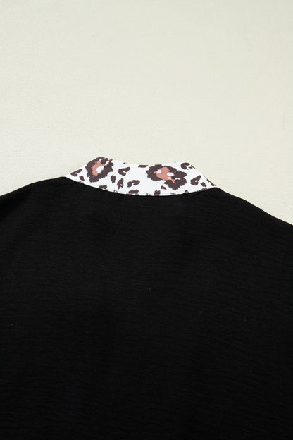 Leopard Patchwork Dolman Sleeve V-Neck Blouse