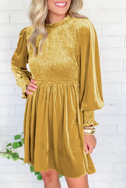 Velvet Smocked Puff Sleeve Dress