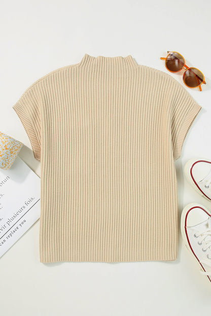 Solid Ribbed Knit Patch Pocket Short Sleeve Sweater