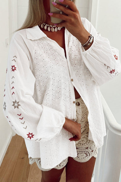 Floral Eyelet Patchwork Puff Sleeve Shirt