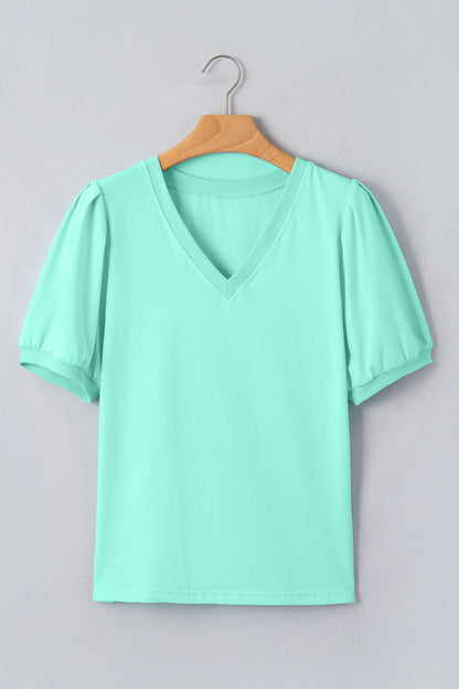 Solid V-Neck Short Puff Sleeve Blouse