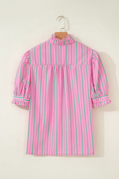 Stripe Ruffle Trim Half Button Puff Sleeve Blouse