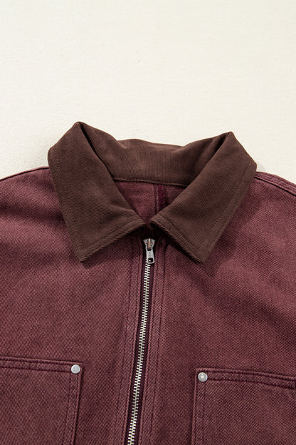 Corduroy Collar Zipped Front Denim Jacket