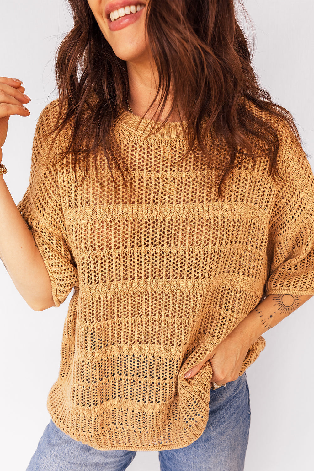 Hollow-Out Openwork Knit 3/4 Sleeve Sweater