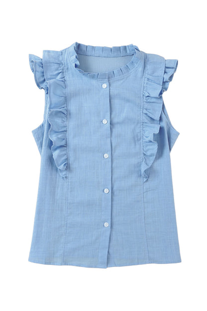 Ruffle Trim Sleeveless Buttoned Shirt