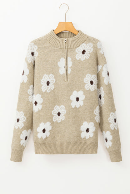 Floral Half Zip Drop Shoulder Sweater