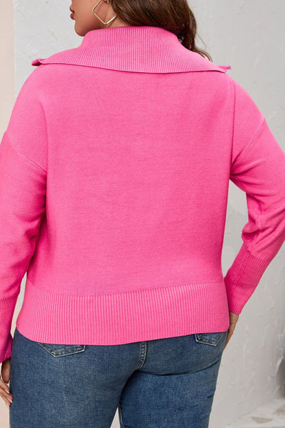 Plus Size Ribbed Trim Zip Collar Sweater