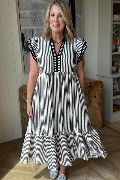 Stripe Ruffle Short Sleeve V-Neck Midi Dress