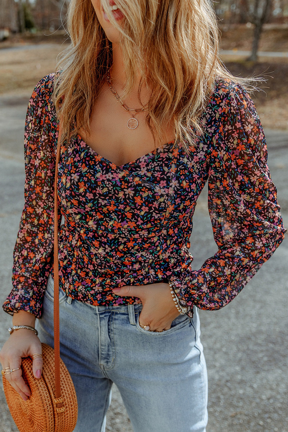 Floral Bubble Sleeve Blouse