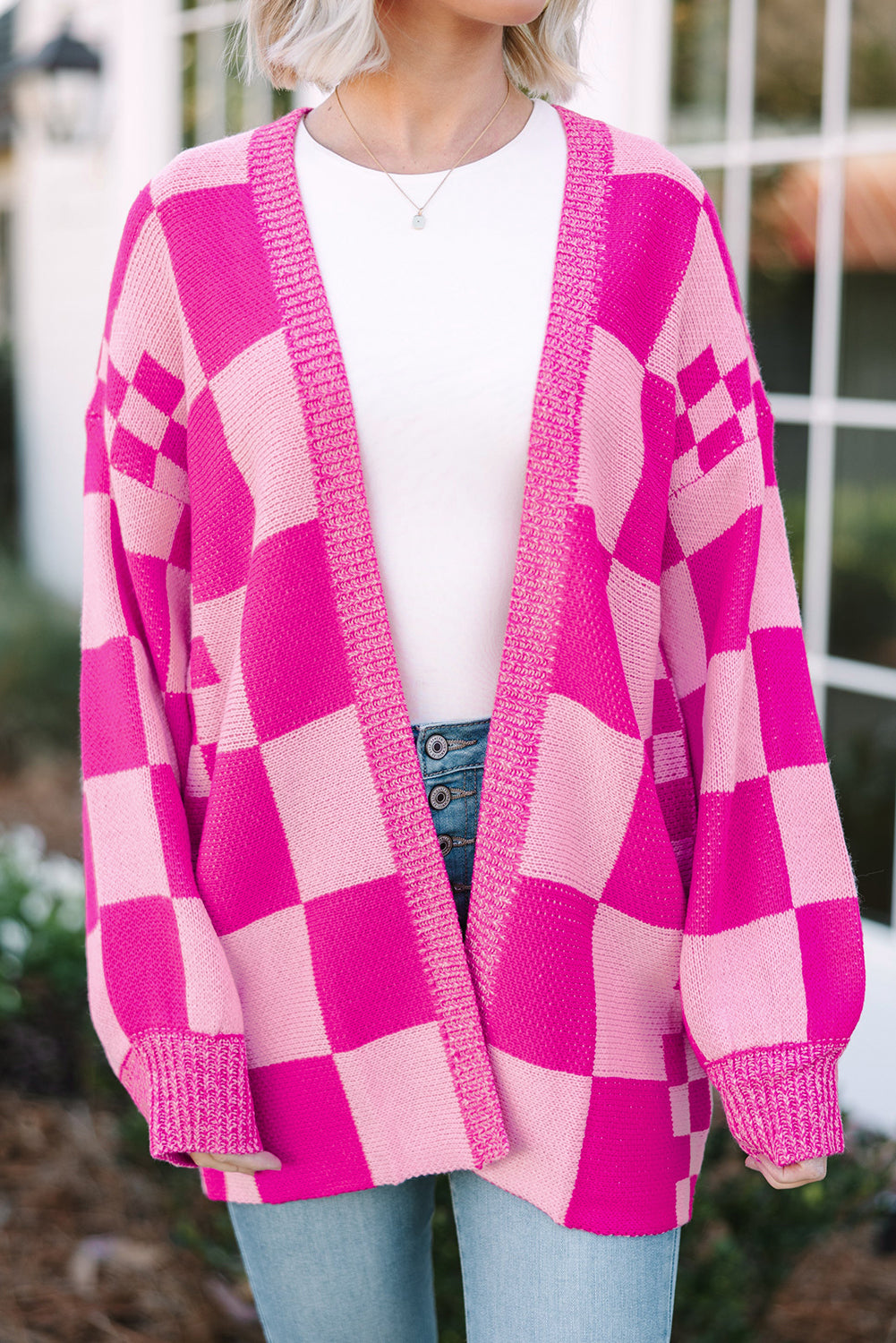 Checker Ribbed Trim Open Front Cardigan