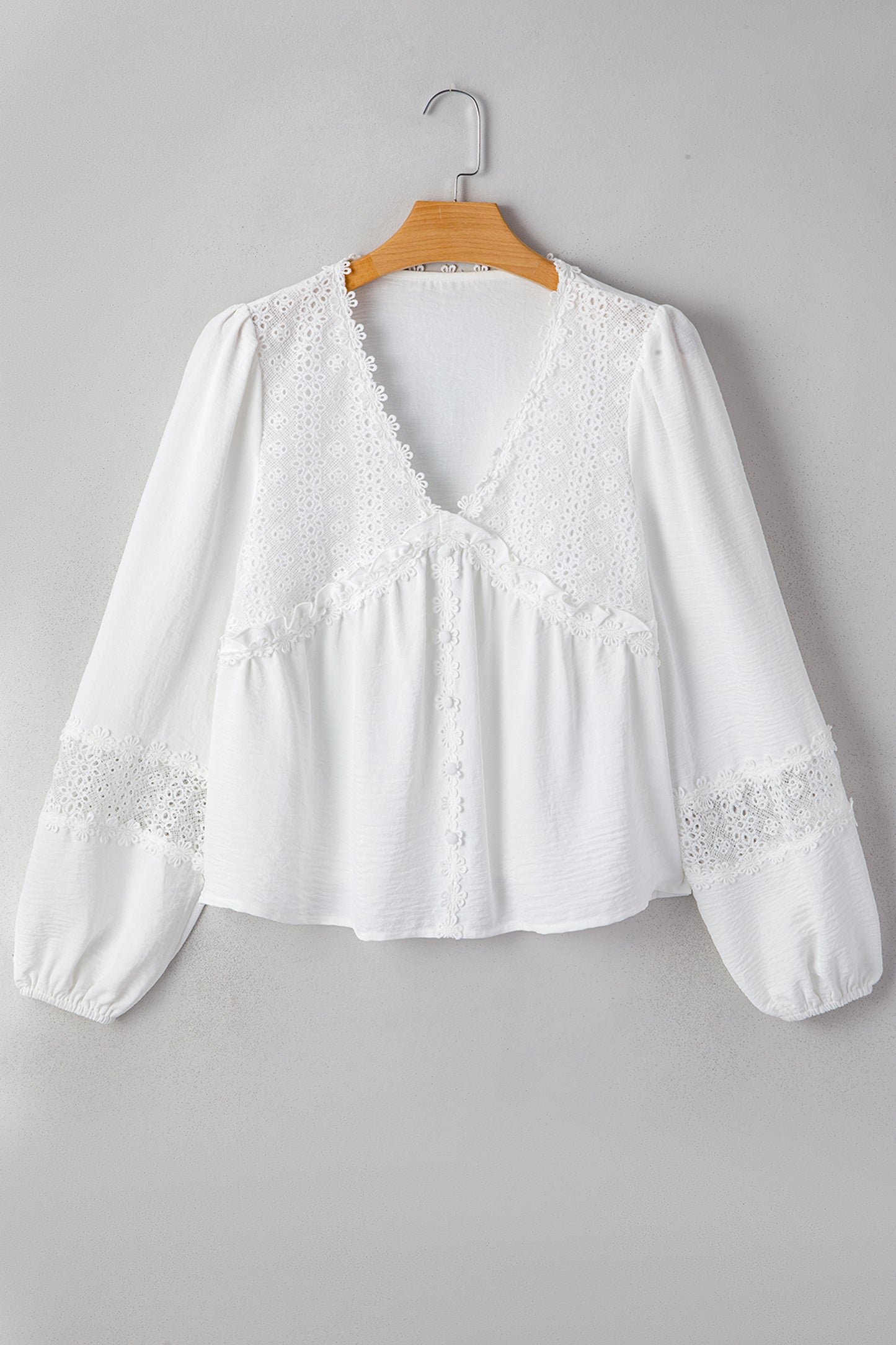 Solid Floral Guipure Lace Frilled Long Sleeve Blouse