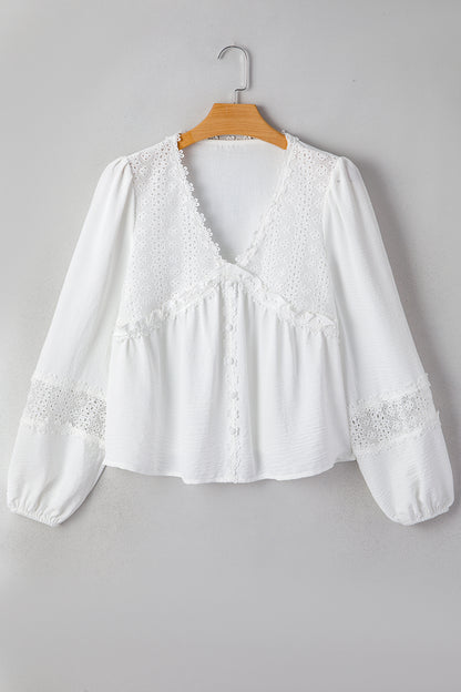 Solid Floral Guipure Lace Frilled Long Sleeve Blouse
