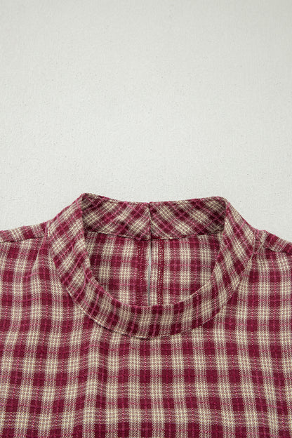 Plaid Button Keyhole Pleated Long Sleeve Blouse