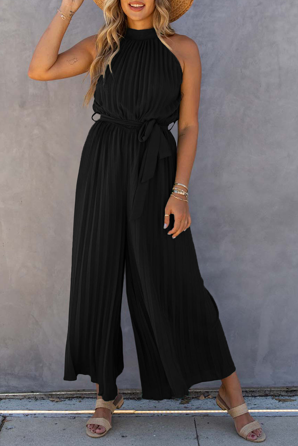 Pleated Halter Wide Leg Jumpsuit