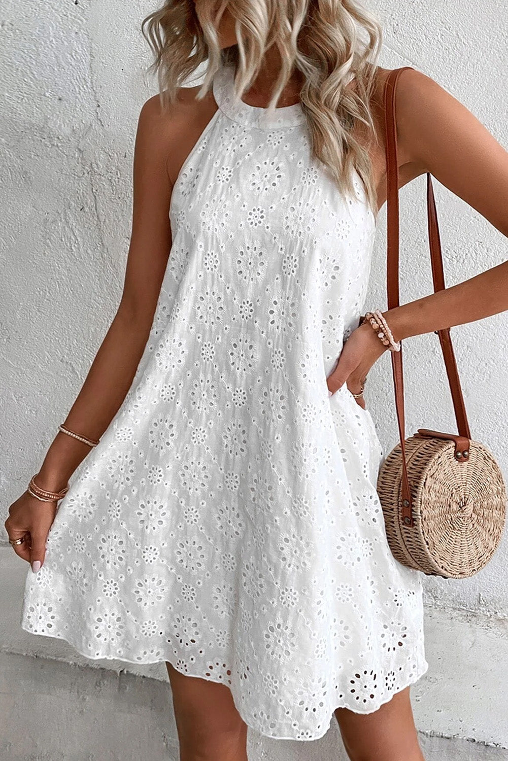 Eyelet Halter Neck Sleeveless Dress