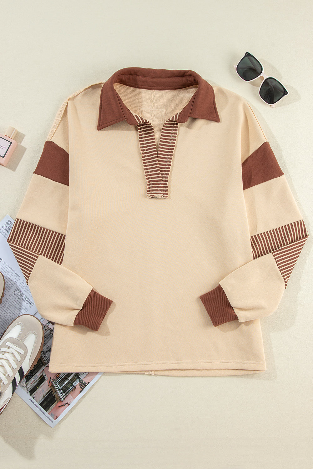 Stripe Colorblock Collared V-Neck Sweatshirt