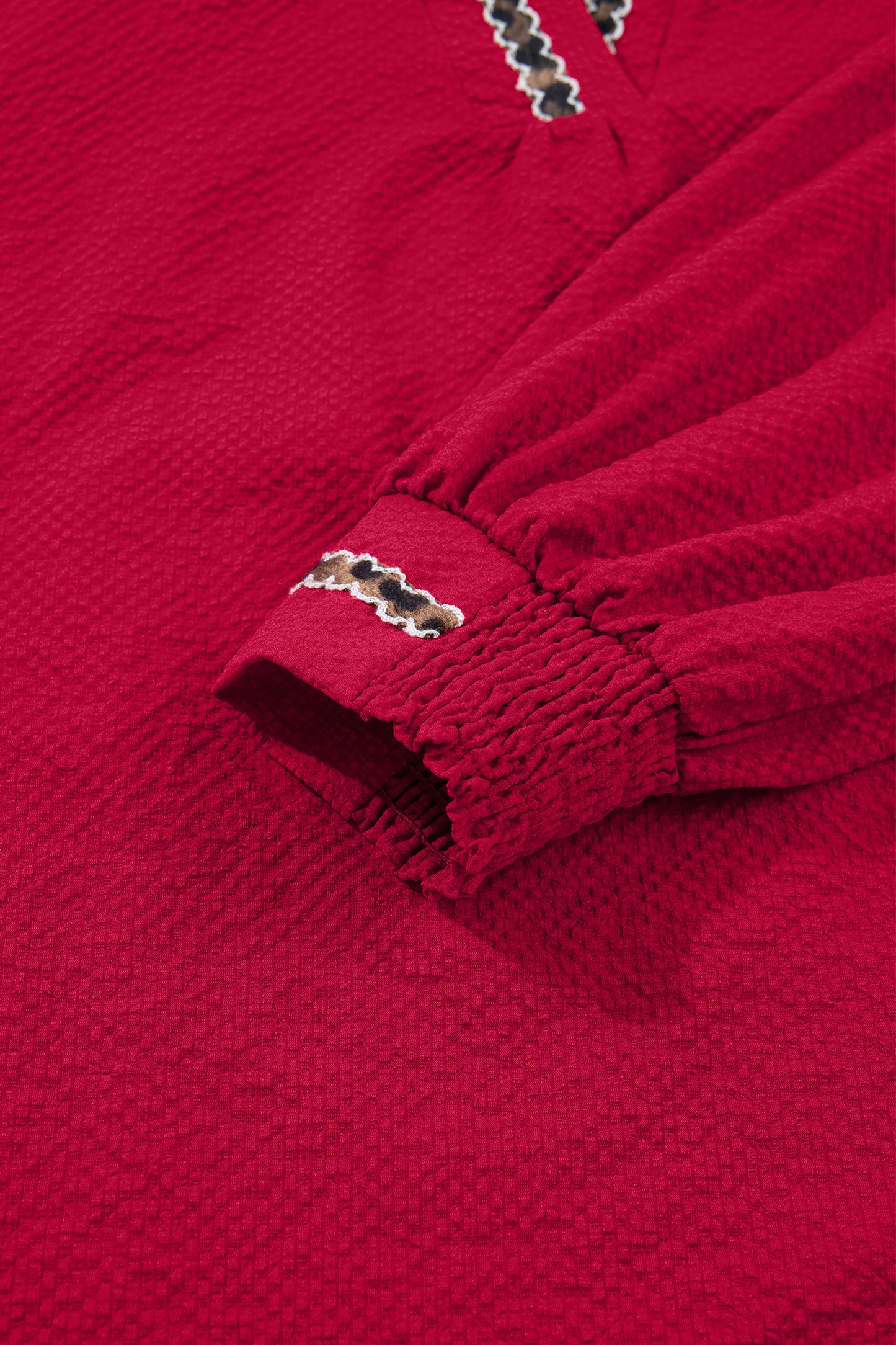 Leopard Contrast Trim V-Neck Long Sleeve Blouse