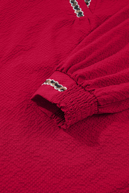 Leopard Contrast Trim V-Neck Long Sleeve Blouse