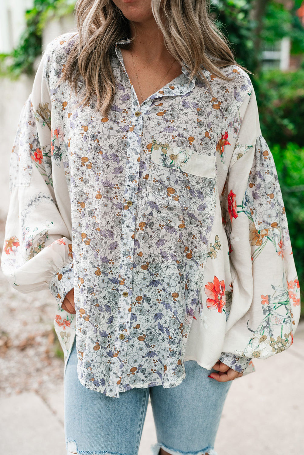 Floral Patchwork Bishop Sleeve Shirt