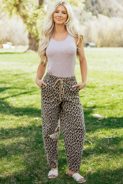 Leopard Denim Drawstring Elastic Waist Loose Pants