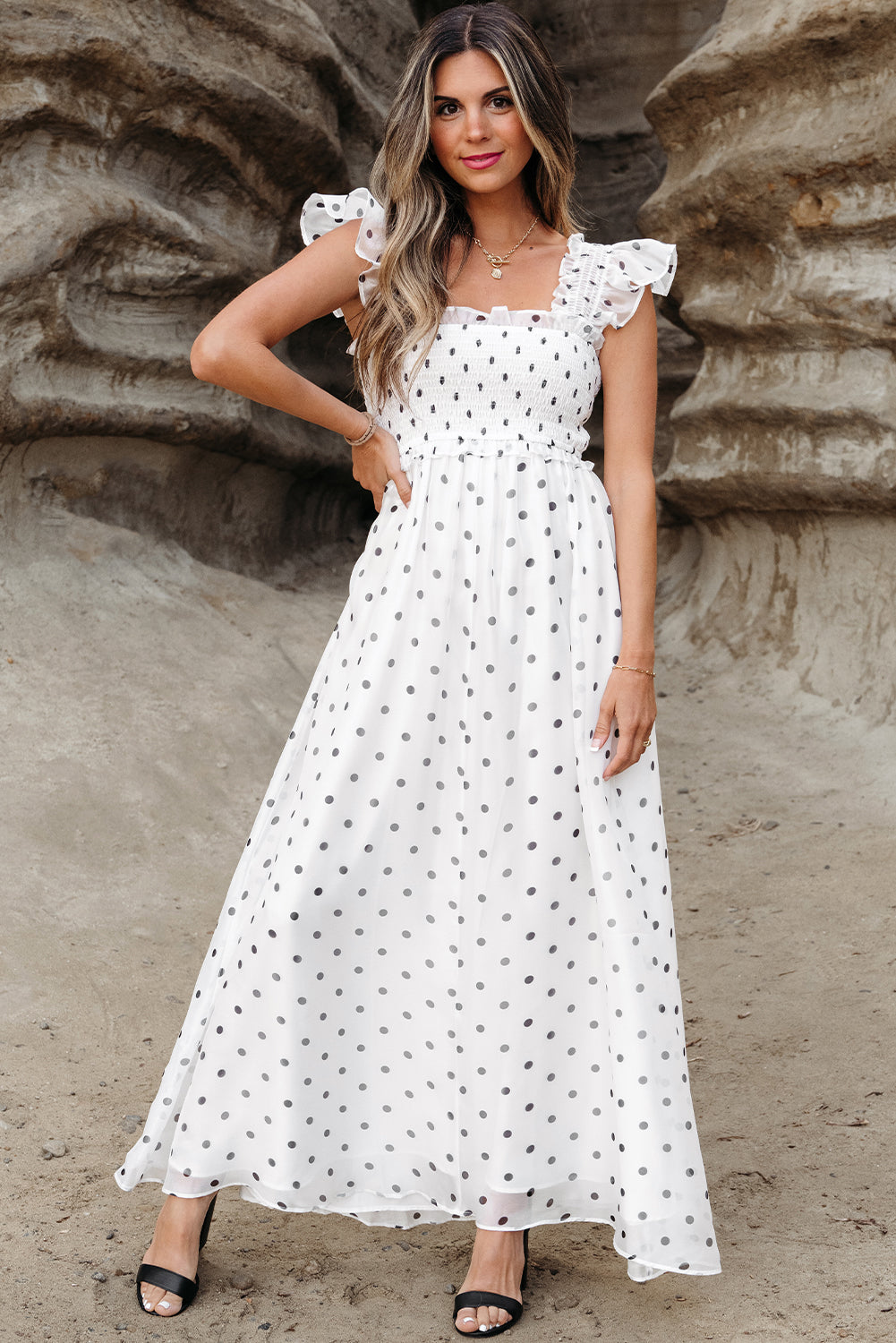 Polka Dot Flutter Sleeve Smocked Maxi Dress