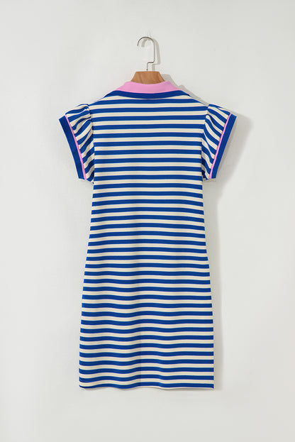 Stripe Flutter Sleeve Contrast Collar Mini Dress