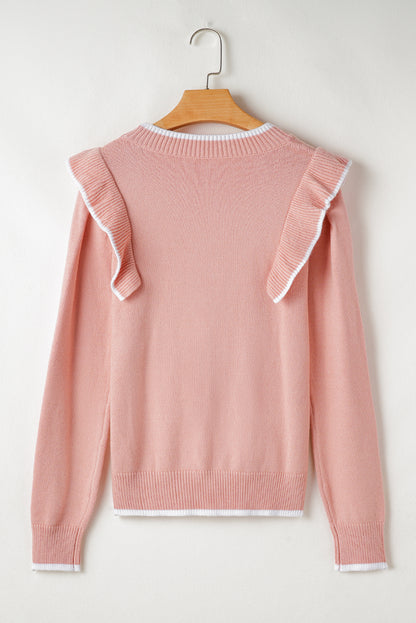 Ruffle Bow Ribbed Trim Sweater