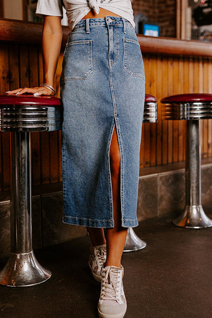 Denim Front Slit Midi Skirt