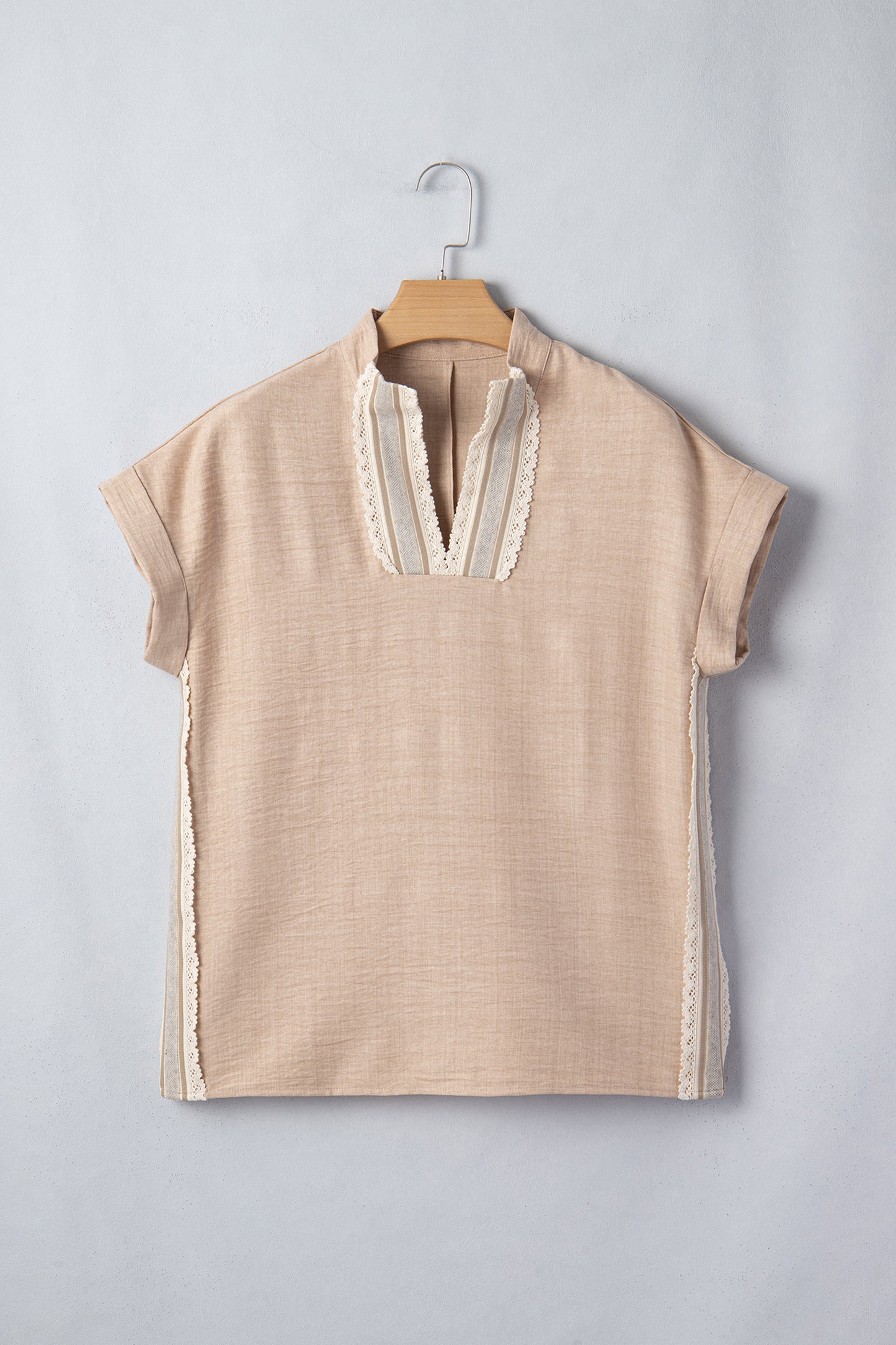 Crochet Lace Trim Rolled Short Sleeve Blouse