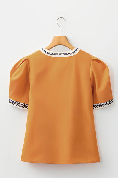Leopard Contrast Trim Split Neck Puff Sleeve Blouse