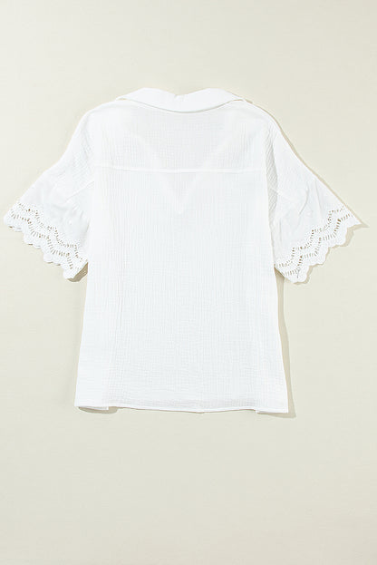 Embroidered Eyelet Crinkled Gauze Collared V-Neck Blouse
